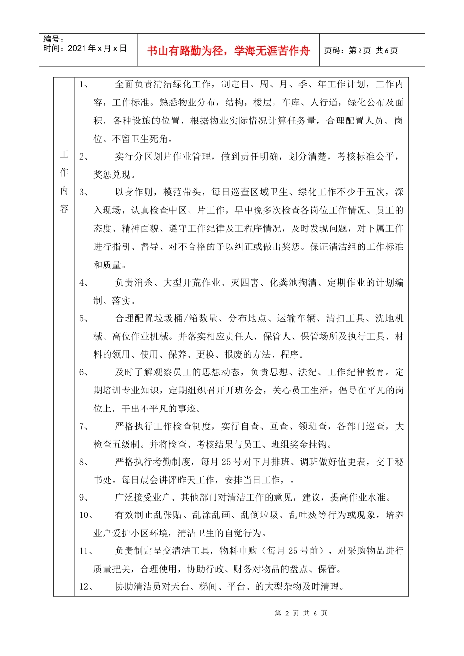 管理处清洁主管岗位工作说明书_第2页