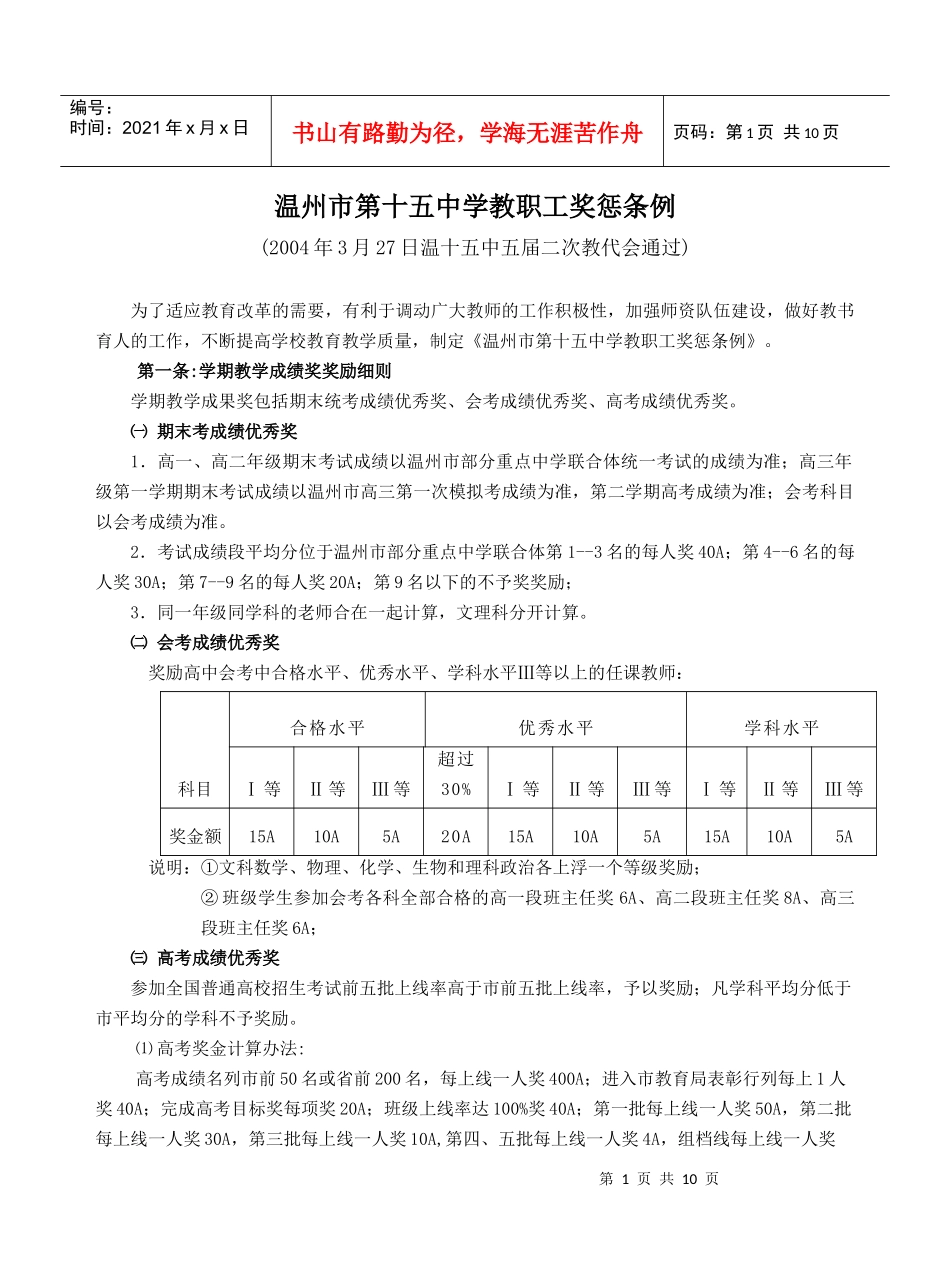 温州市第十五中学教职工奖惩条例_第1页