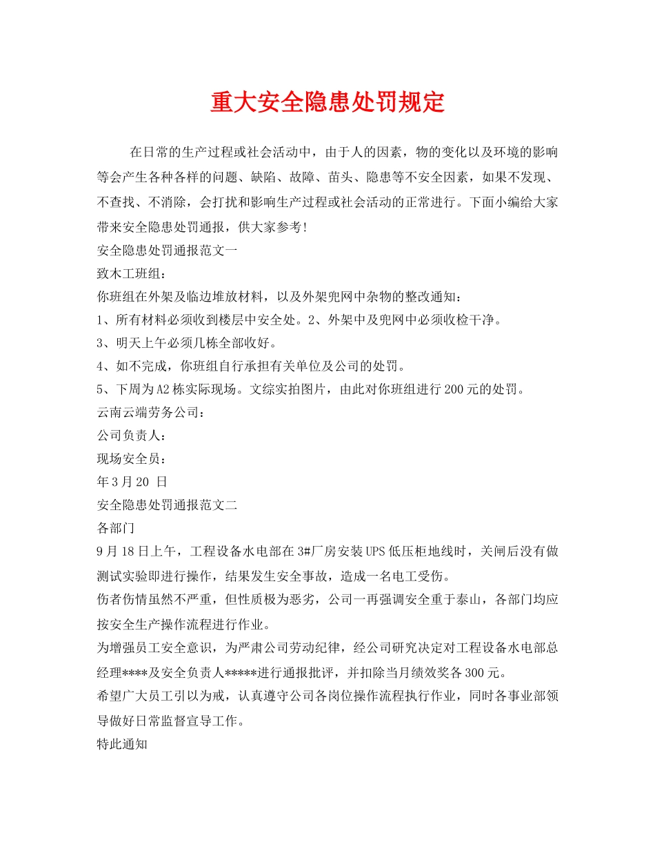 《安全管理制度》之重大安全隐患处罚规定 _第1页