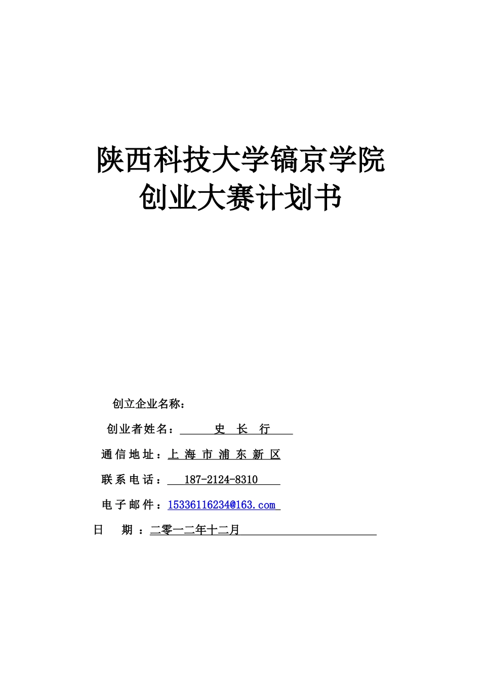 某科技大学镐京学院创业大赛计划书_第1页