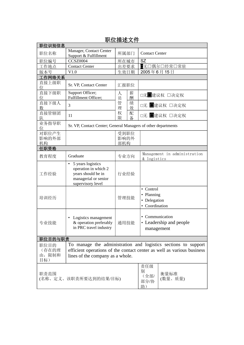 职位描述-支援及配送经理_第1页