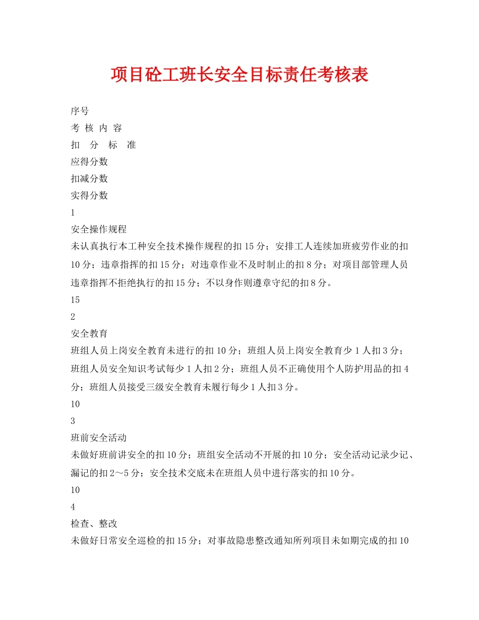 《安全管理资料》之项目砼工班长安全目标责任考核表 _第1页