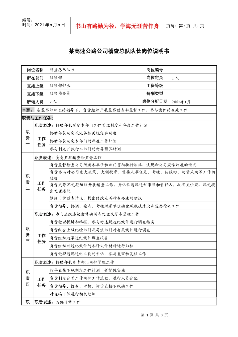 某高速公路公司稽查总队队长岗位说明书._第1页