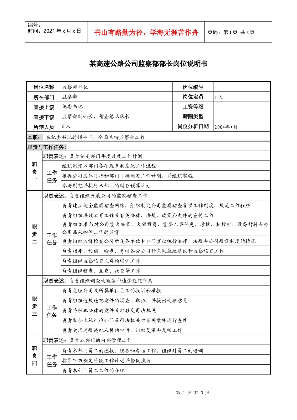 某高速公路公司监察部部长岗位说明书_第1页