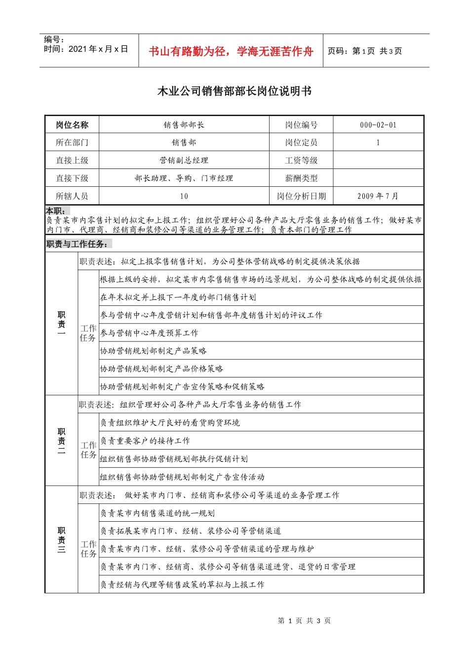 木业公司销售部部长岗位说明书_第1页
