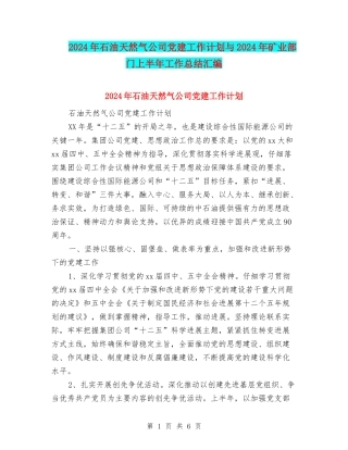 2024年石油天然气公司党建工作计划与2024年矿业部门上半年工作总结汇编
