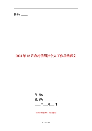 2024年12月农村信用社个人工作总结范文
