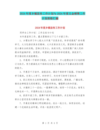 2024年度乡镇宣传工作计划与2024年度五金销售工作计划表格汇编