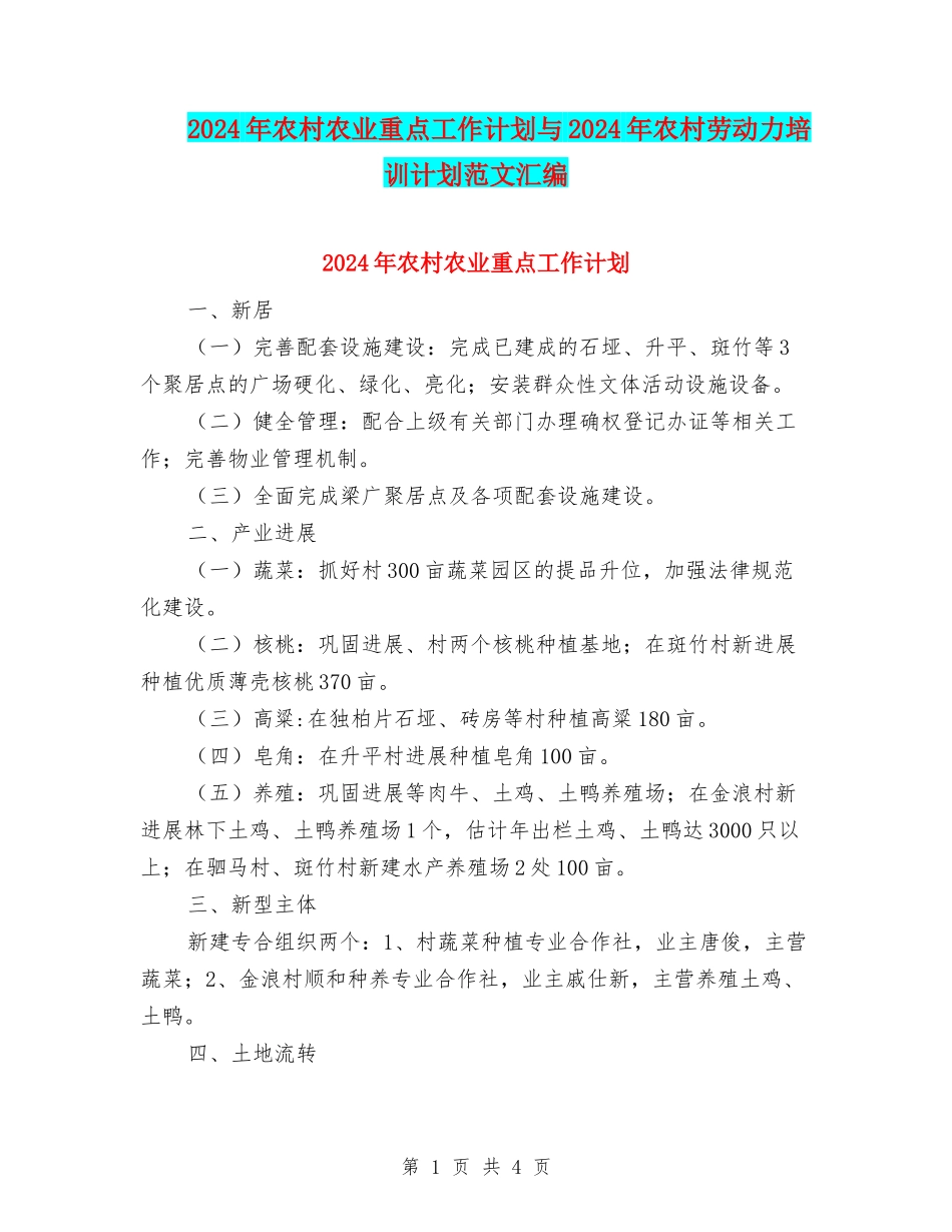 2024年农村农业重点工作计划与2024年农村劳动力培训计划范文汇编_第1页