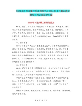 2024年3月乡镇工作计划范文与2024年3月事业单位财务工作计划范文汇编