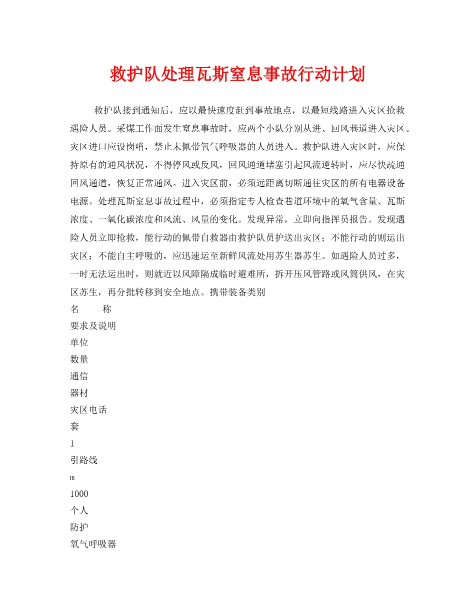 《安全管理应急预案》之救护队处理瓦斯窒息事故行动计划 _第1页