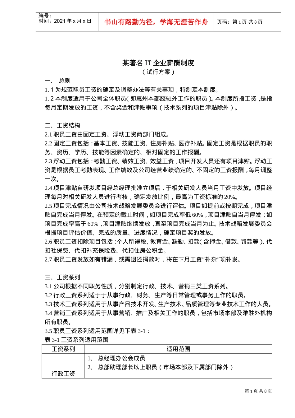 某某著名IT企业薪酬制度试行方案_第1页