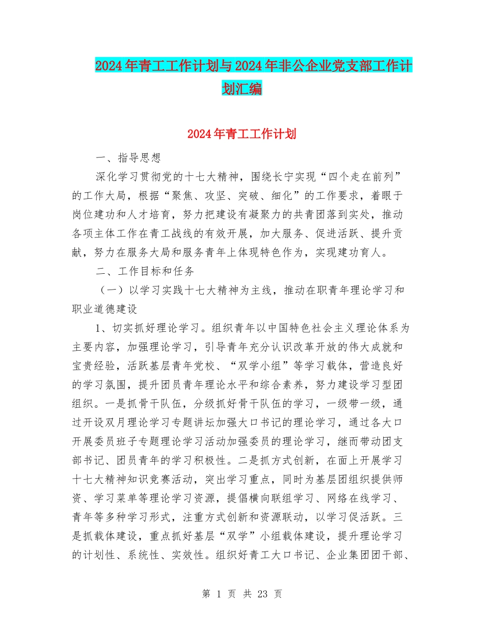 2024年青工工作计划与2024年非公企业党支部工作计划汇编_第1页