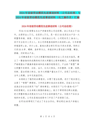 2024年省级劳动模范先进事迹材料(公司总经理)与2024年省级劳动模范先进事迹材料(化工操作员)汇编
