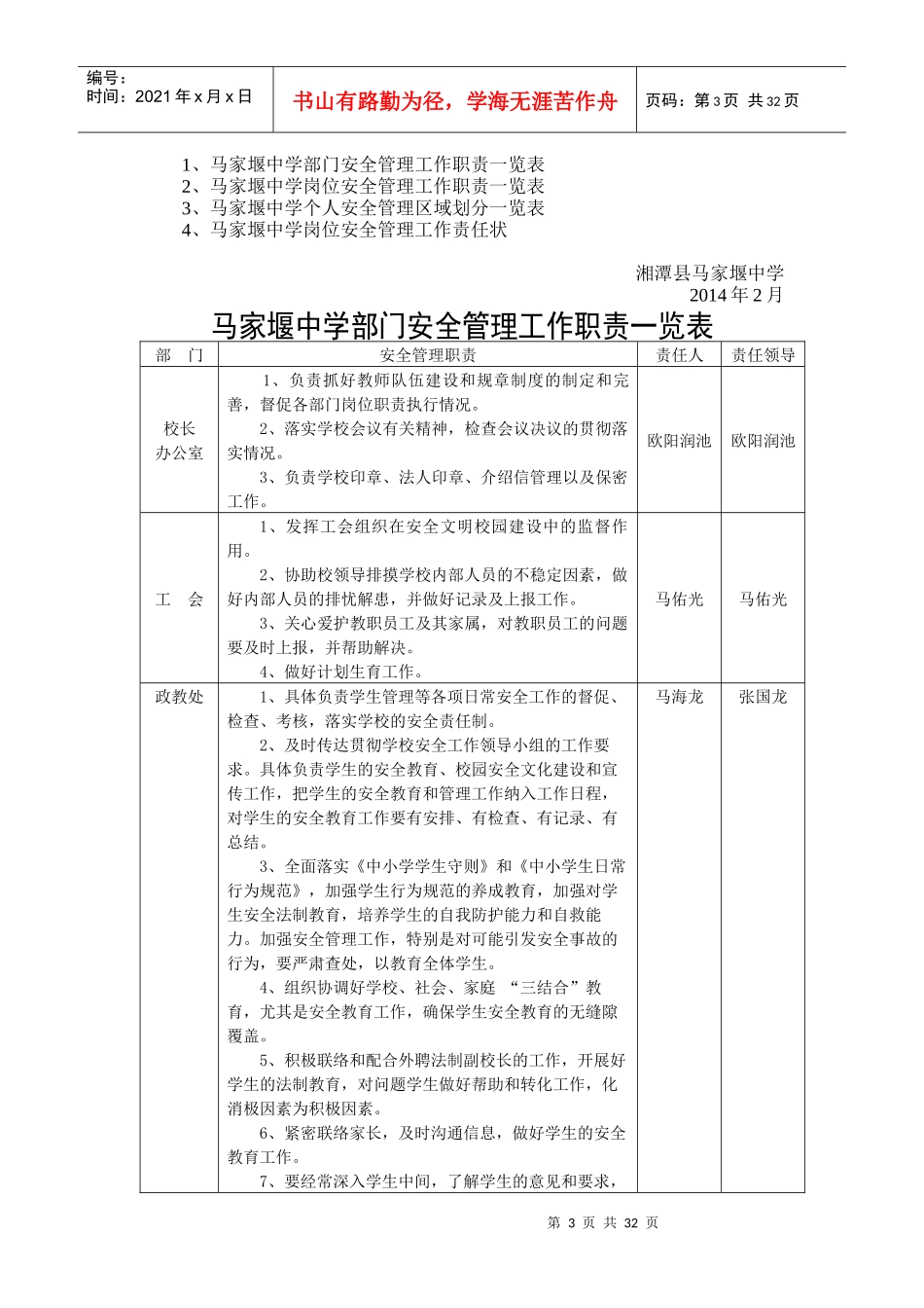 马家堰中学“一岗双责”实施方案、岗位职责及责任状系列_第3页