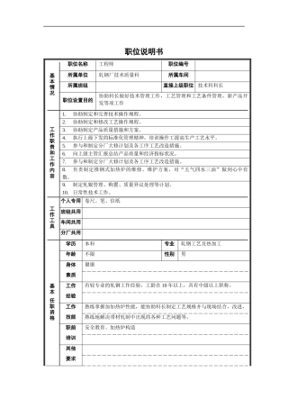 轧钢厂技术质量科技术员岗位职位说明书