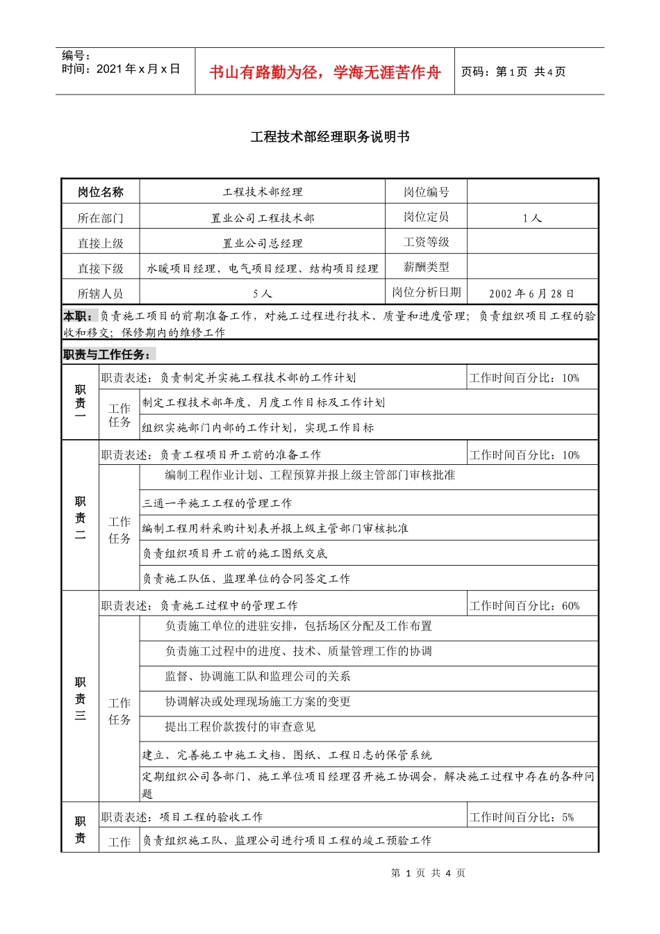置业公司工程技术部经理职务说明书_第1页
