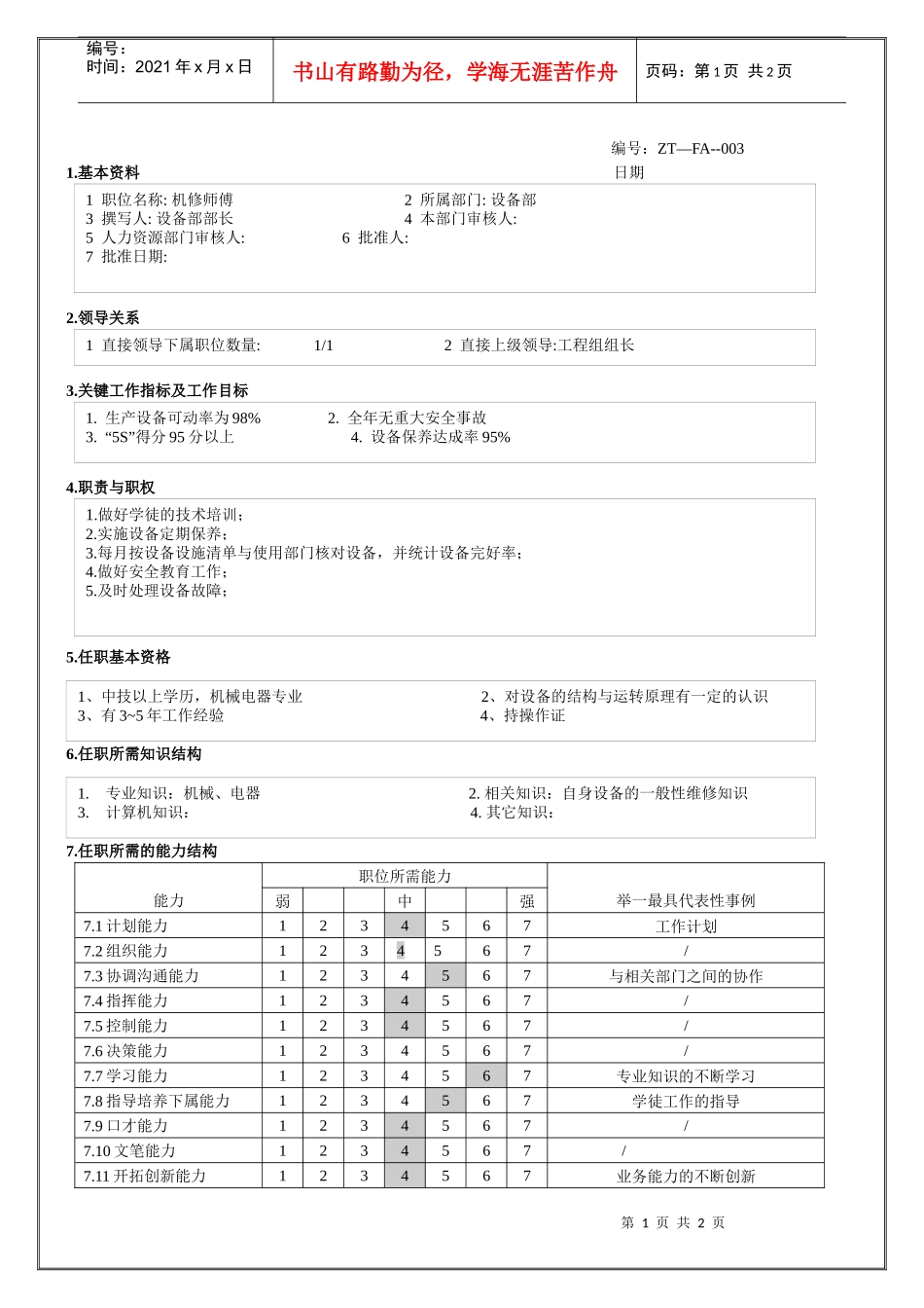 机修师傅职位说明书_第1页