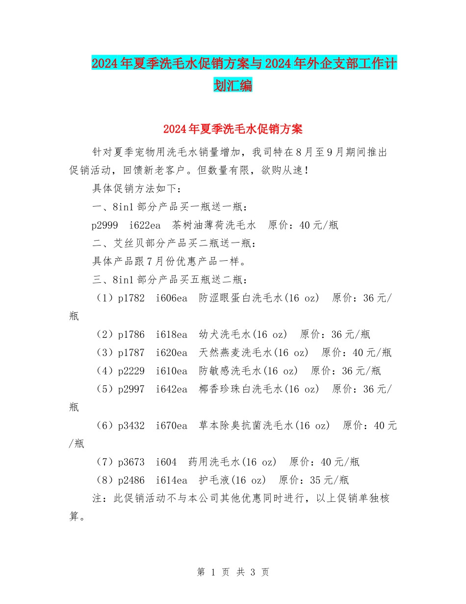 2024年夏季洗毛水促销方案与2024年外企支部工作计划汇编_第1页