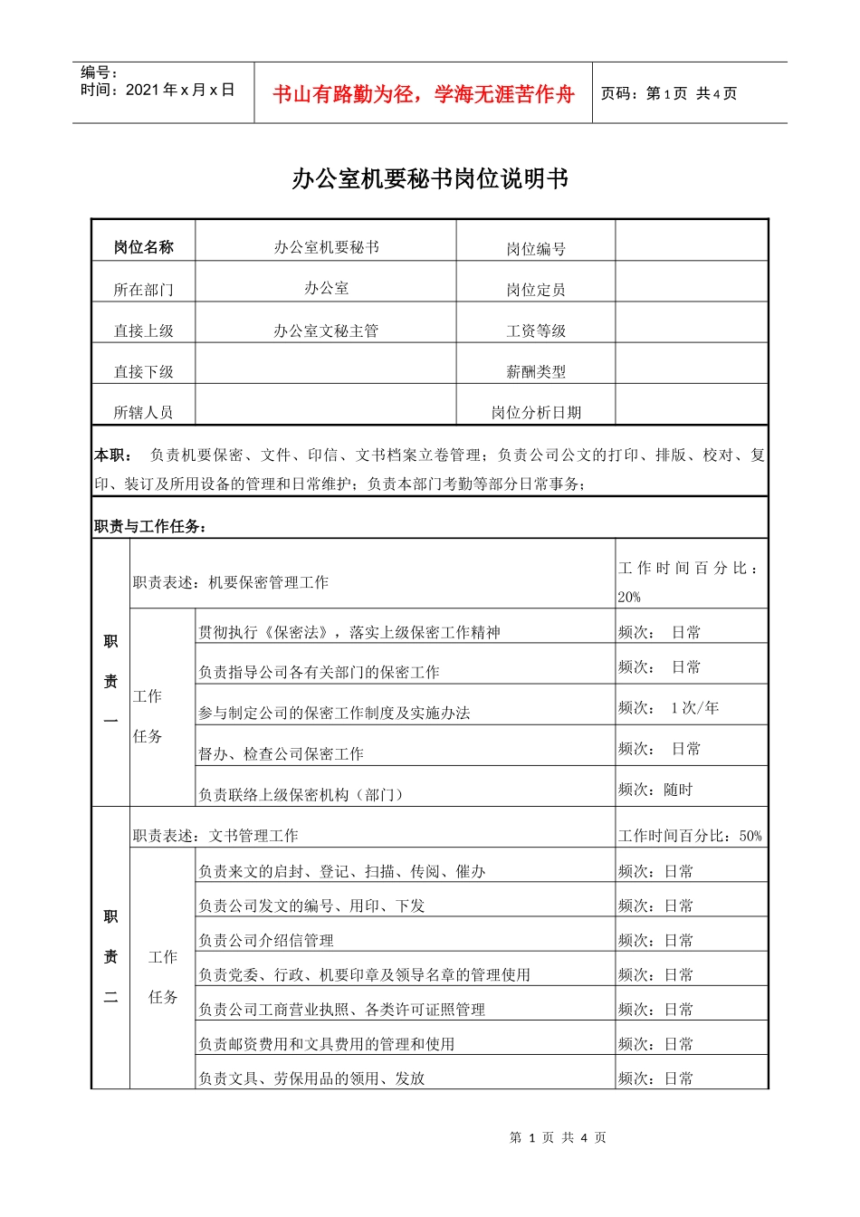 电力办公室机要秘书岗位说明书_第1页