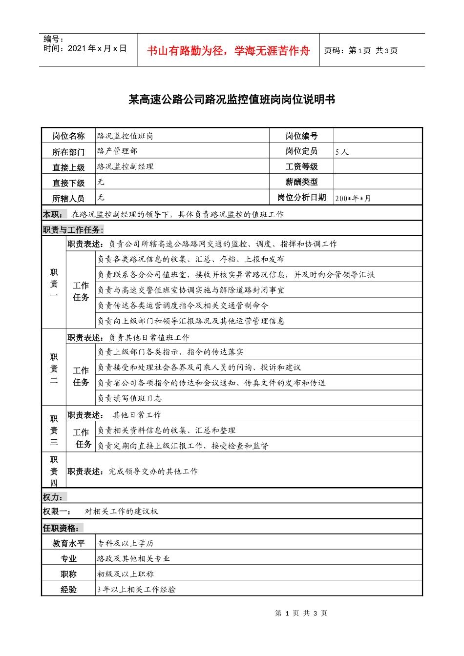 某高速公路公司路况监控值班岗岗位说明书_第1页