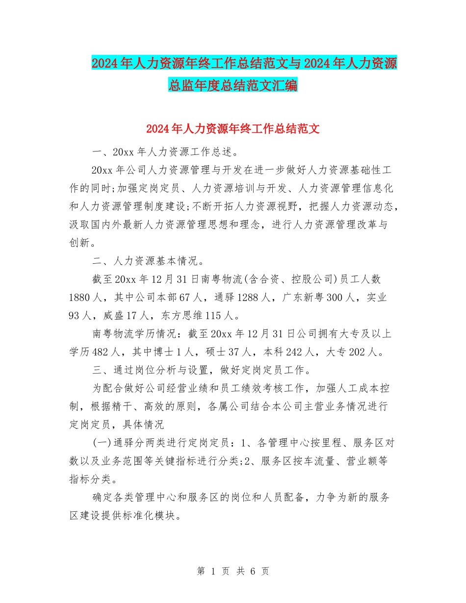 2024年人力资源年终工作总结范文与2024年人力资源总监年度总结范文汇编_第1页