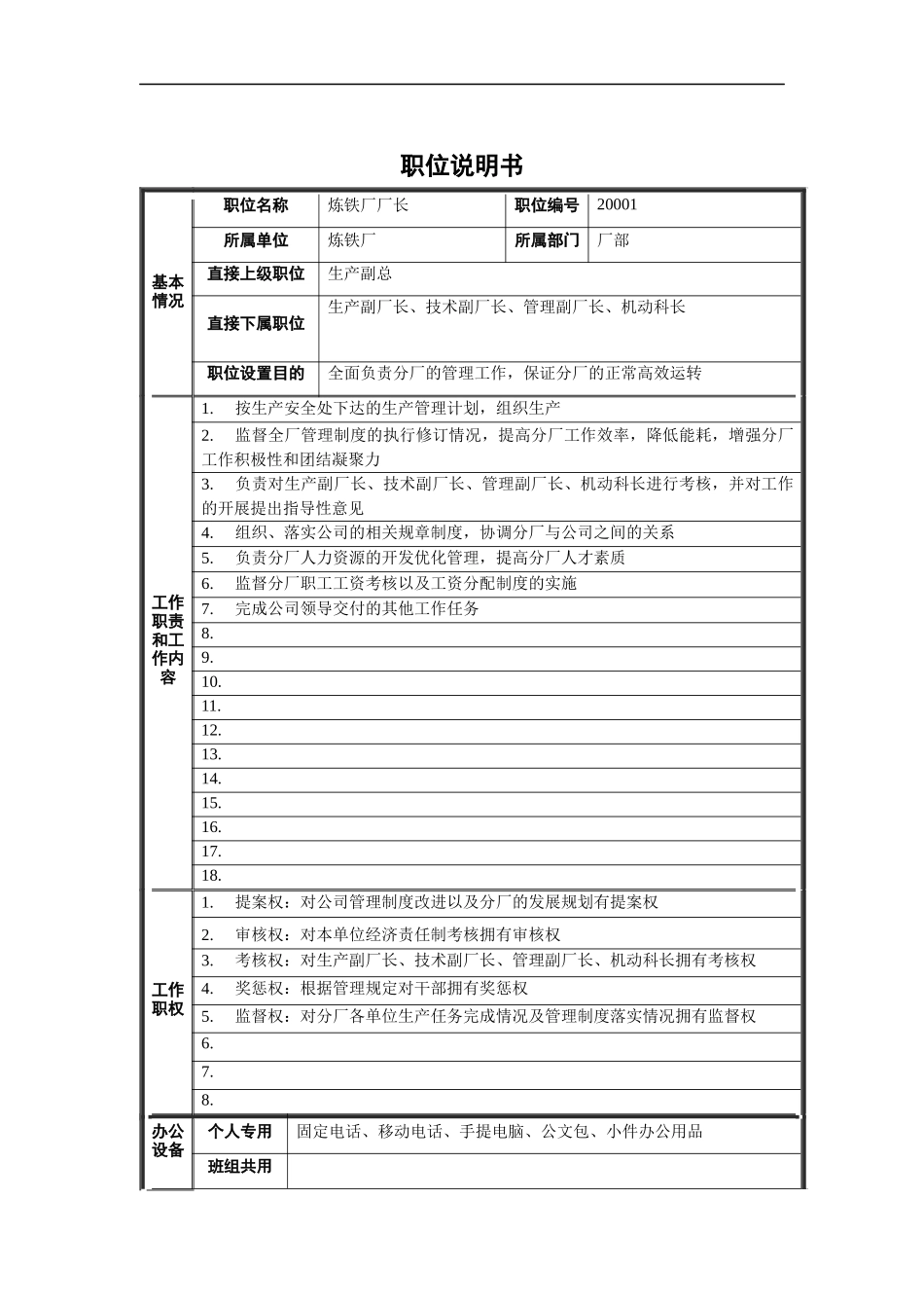 炼铁厂厂长职位说明书_第1页