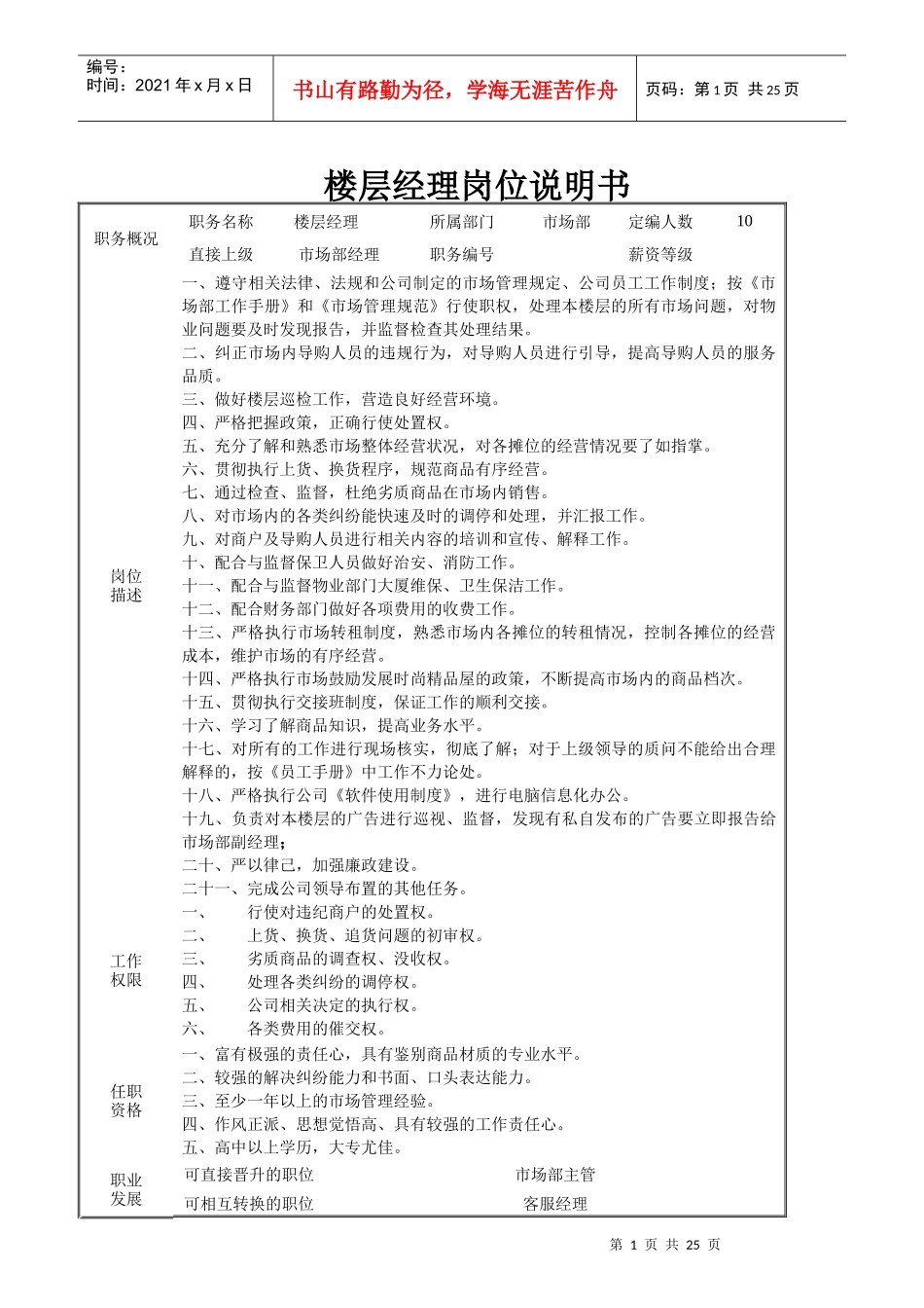 楼层经理岗位说明书_第1页