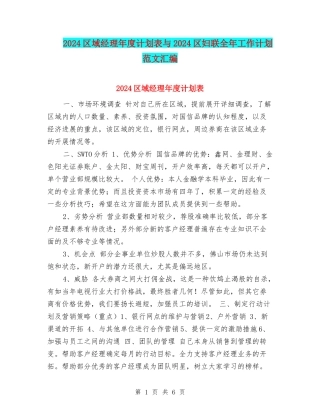 2024区域经理年度计划表与2024区妇联全年工作计划范文汇编