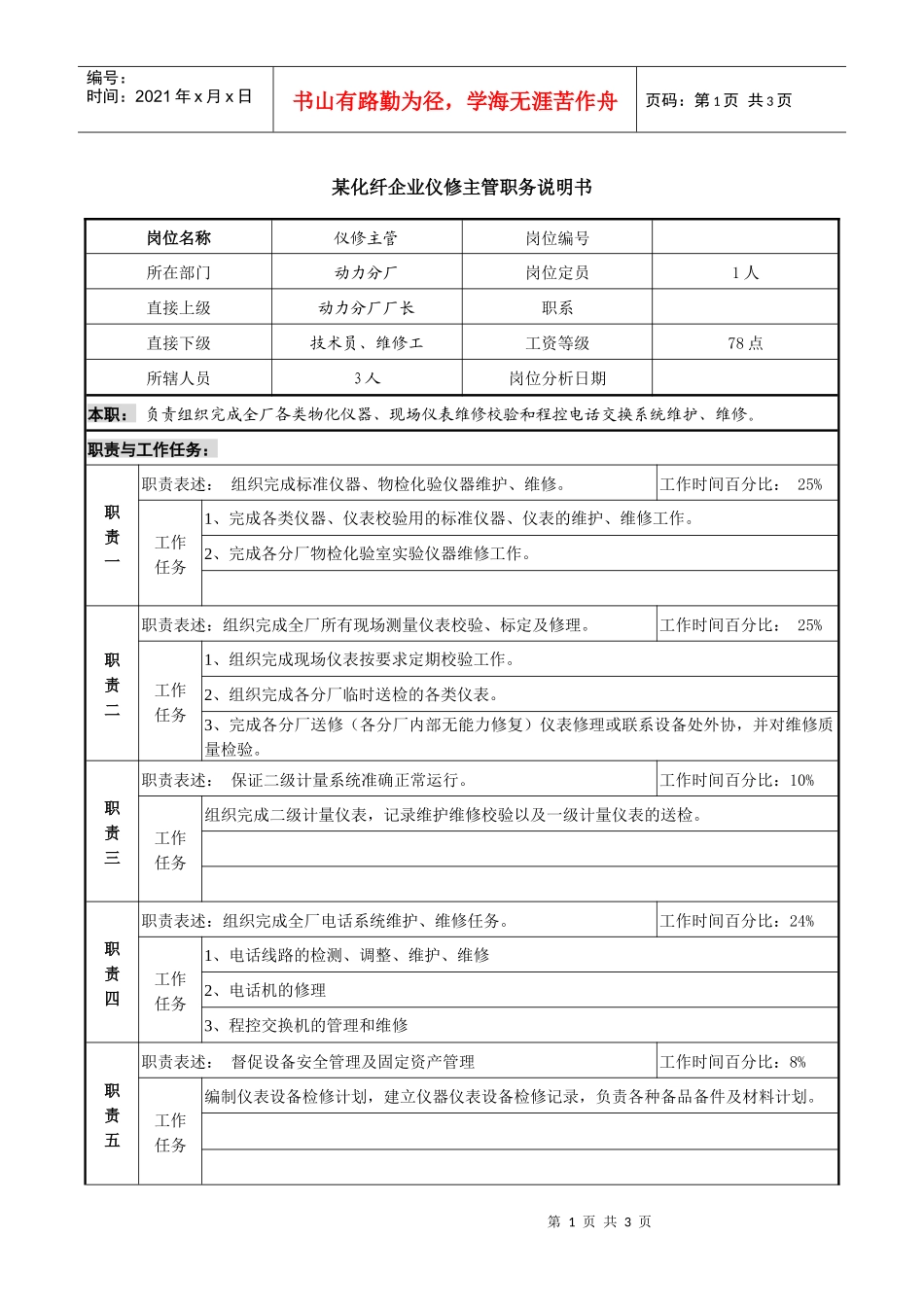 某化纤企业仪修主管职务说明书_第1页