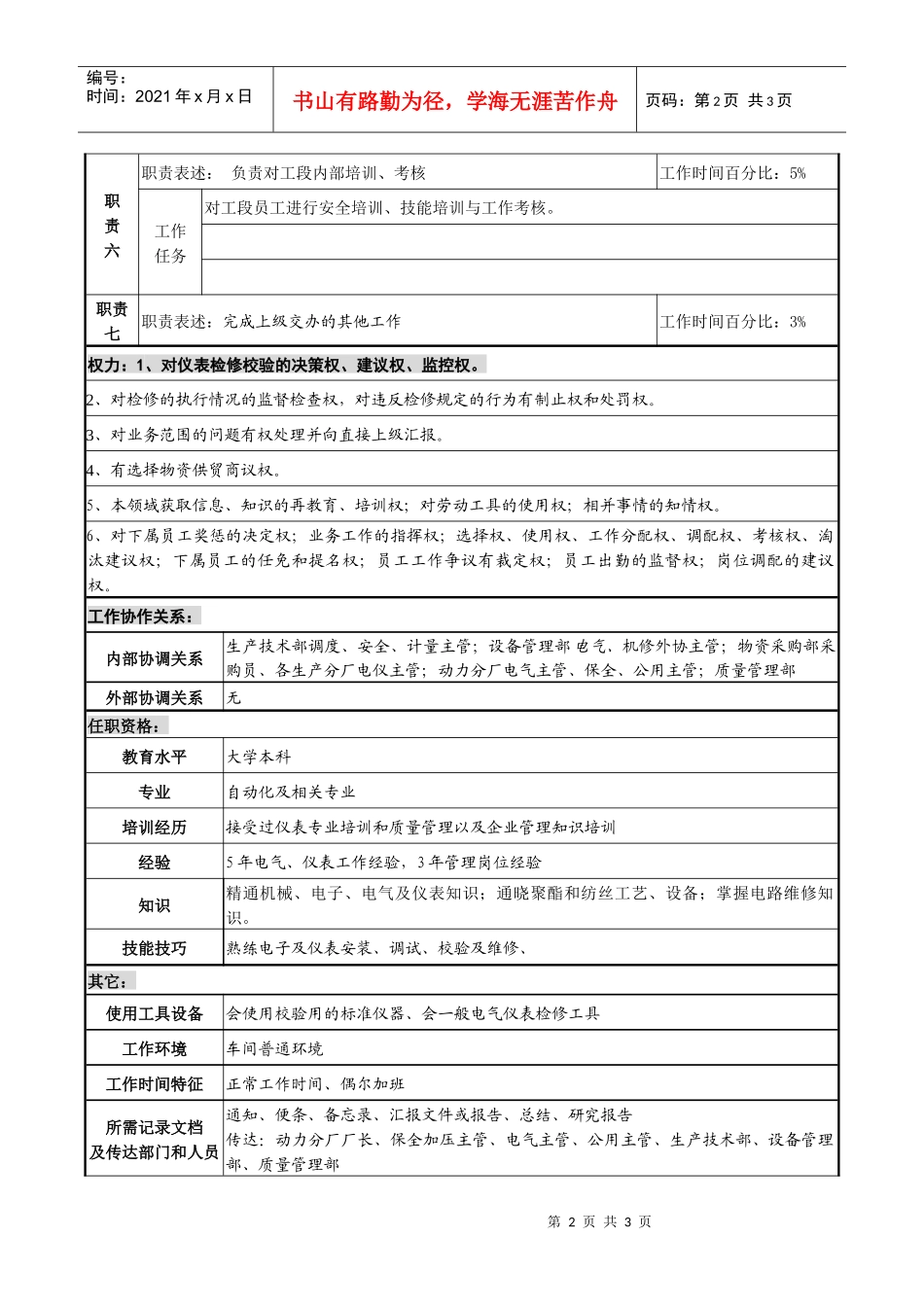 某化纤企业仪修主管职务说明书_第2页