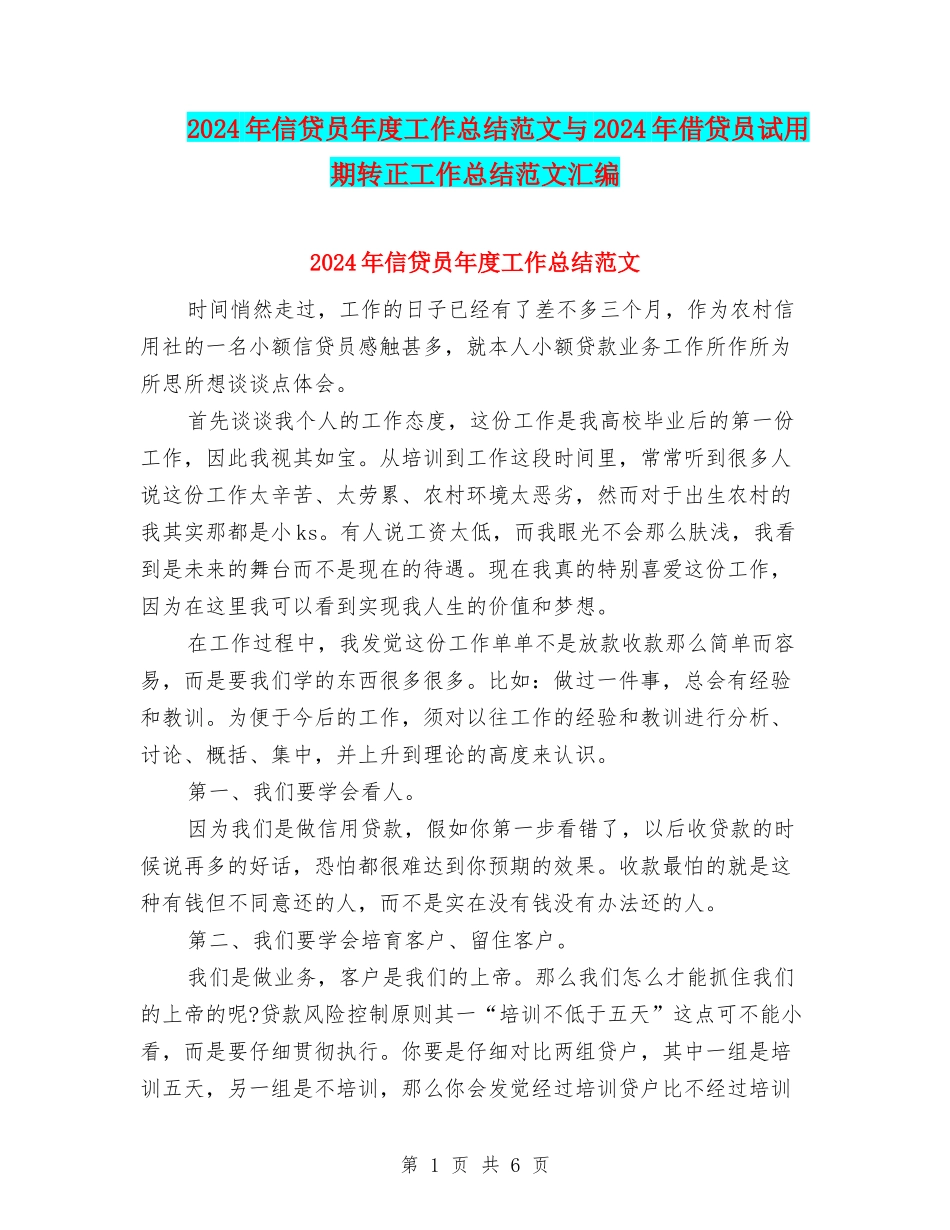 2024年信贷员年度工作总结范文与2024年借贷员试用期转正工作总结范文汇编_第1页