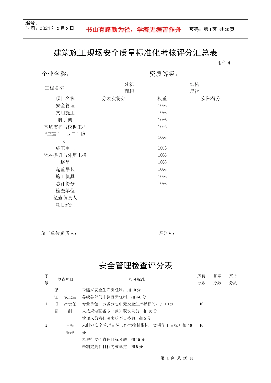 建筑施工现场安全质量标准化考核评分汇总表_第1页