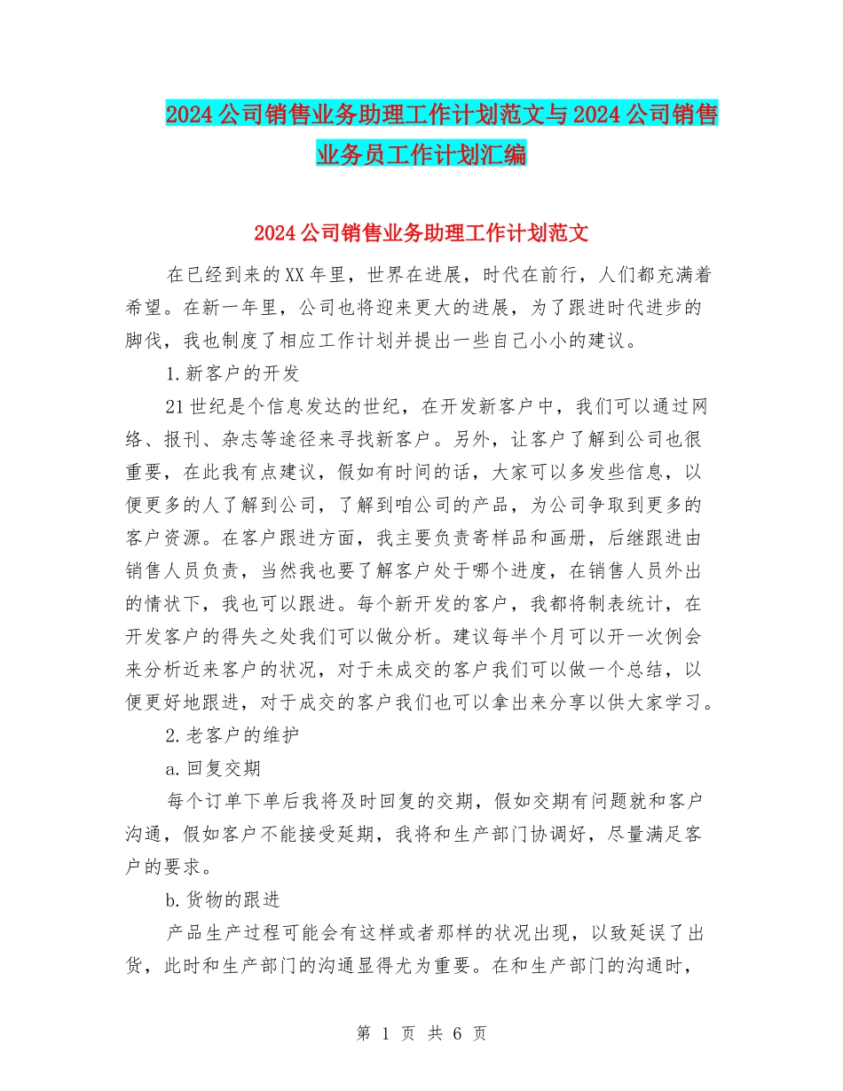 2024公司销售业务助理工作计划范文与2024公司销售业务员工作计划汇编_第1页