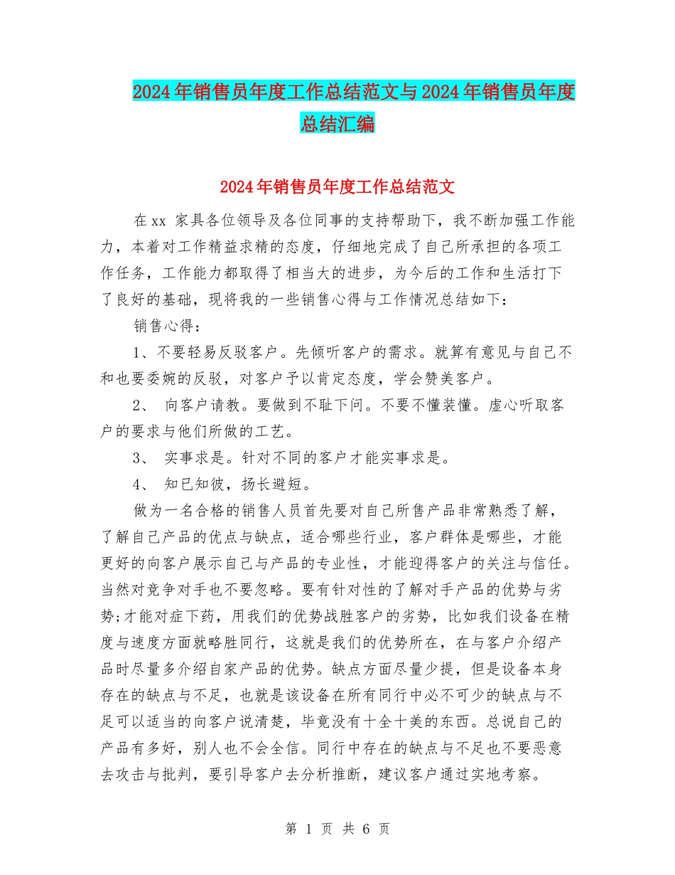 2024年销售员年度工作总结范文与2024年销售员年度总结汇编_第1页