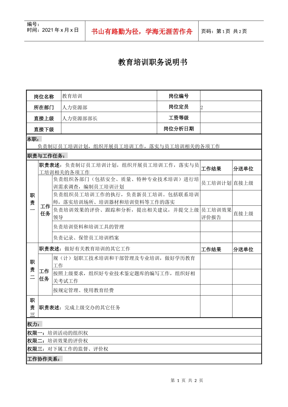 教育培训岗位说明书_第1页