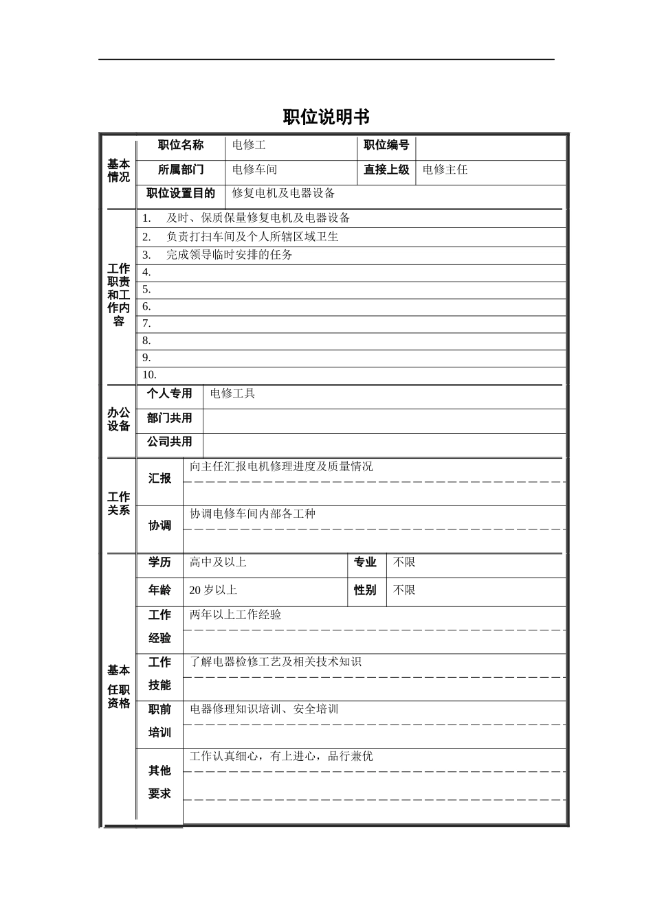 电修工职位说明书_第1页