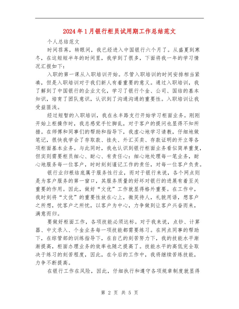 2024年1月银行柜员试用期工作总结范文【新版】_第2页