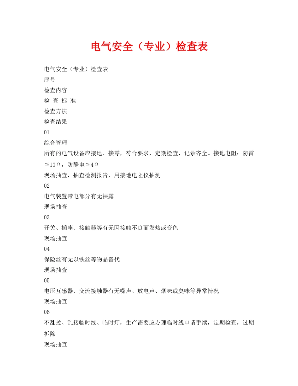 《安全管理资料》之电气安全（专业）检查表 _第1页