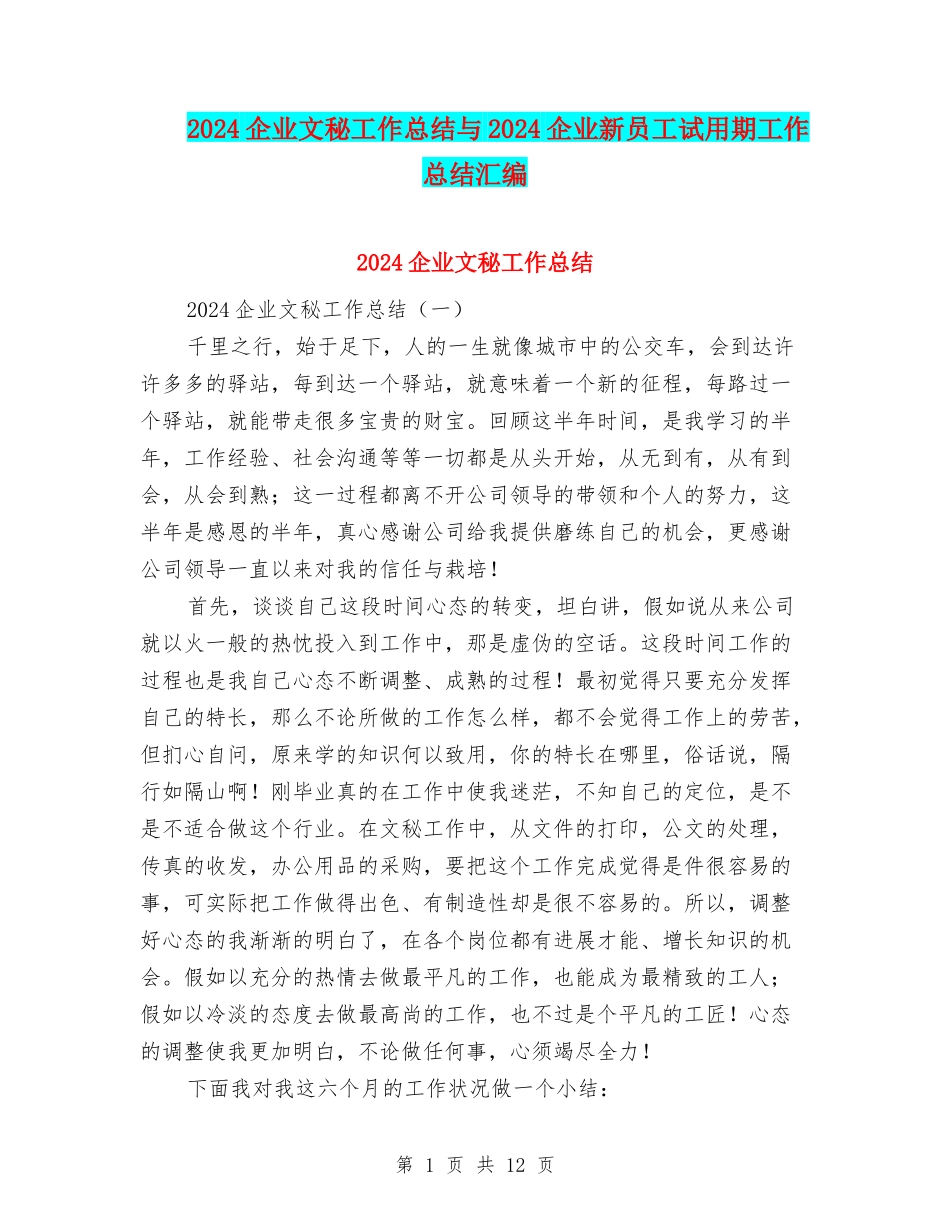 2024企业文秘工作总结与2024企业新员工试用期工作总结汇编_第1页