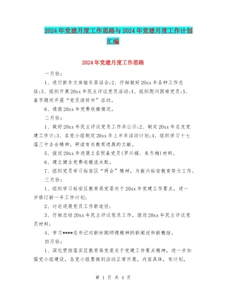 2024年党建月度工作思路与2024年党建月度工作计划汇编