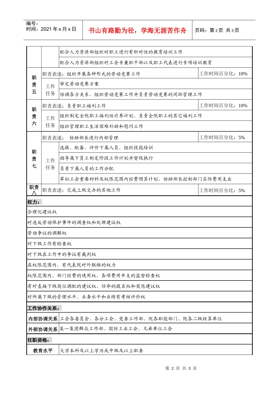 群众工作部工会副主席职务说明书_第2页