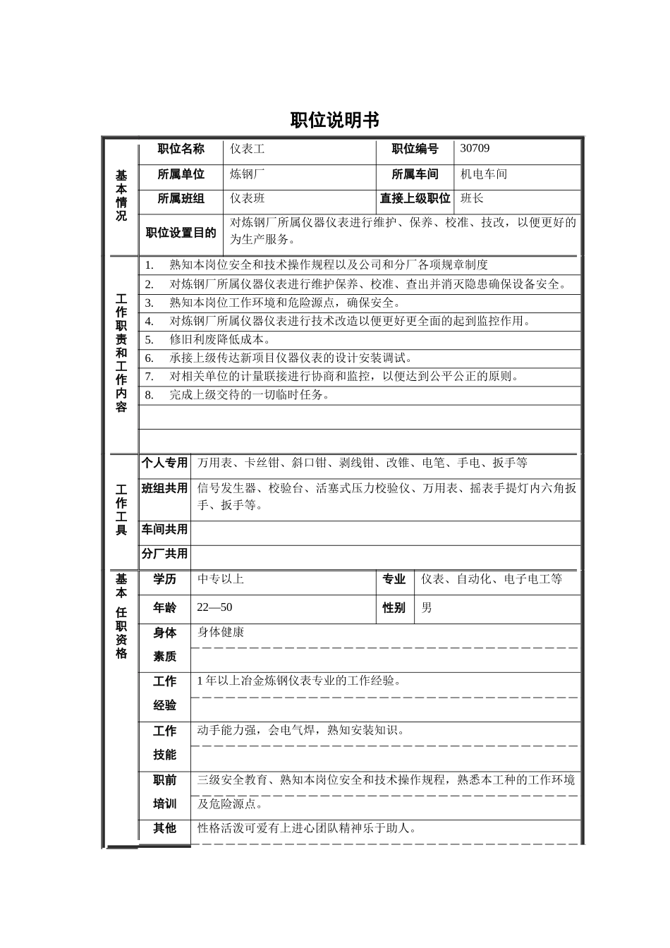 机动科仪表工职位说明书_第1页