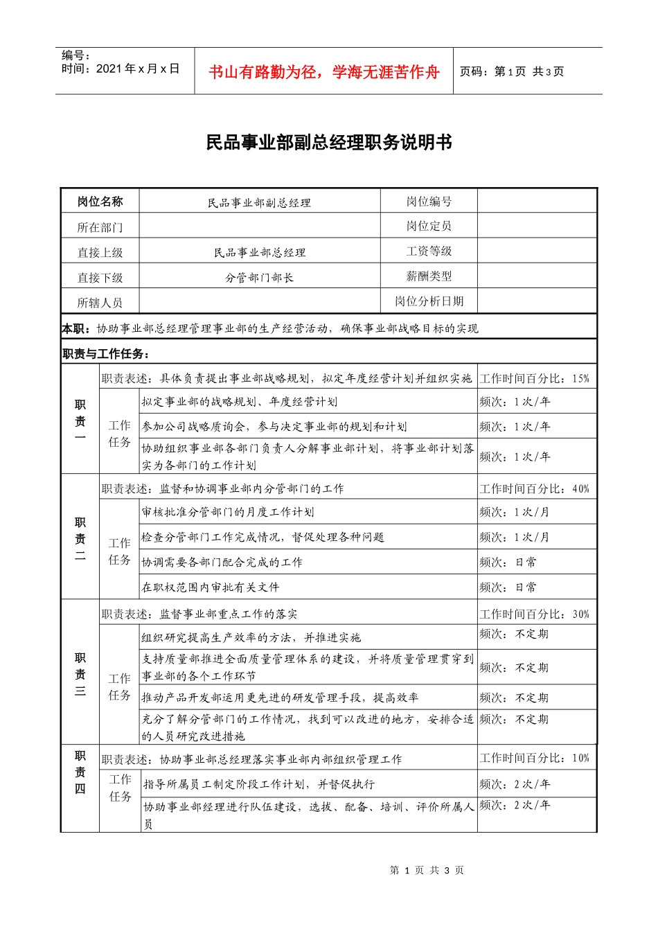 民品事业部副总经理职务说明书_第1页