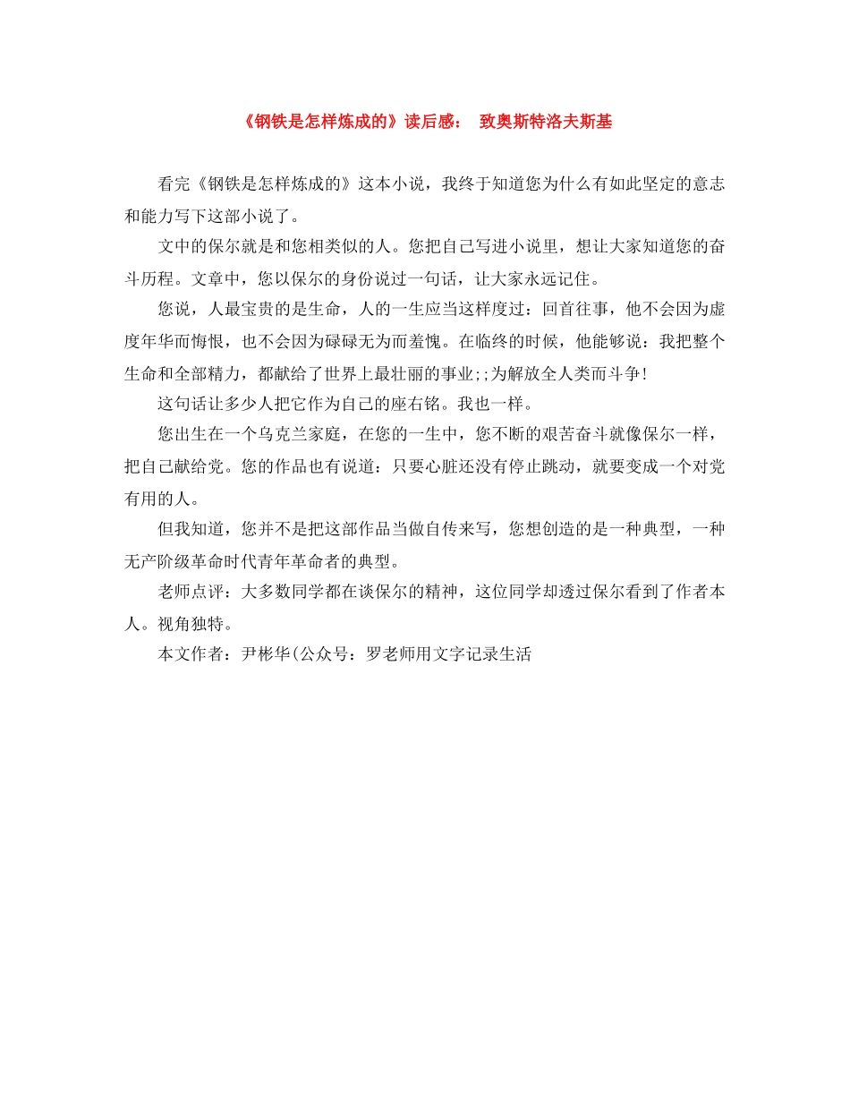 《钢铁是怎样炼成的》读后感 致奥斯特洛夫斯基 _第1页