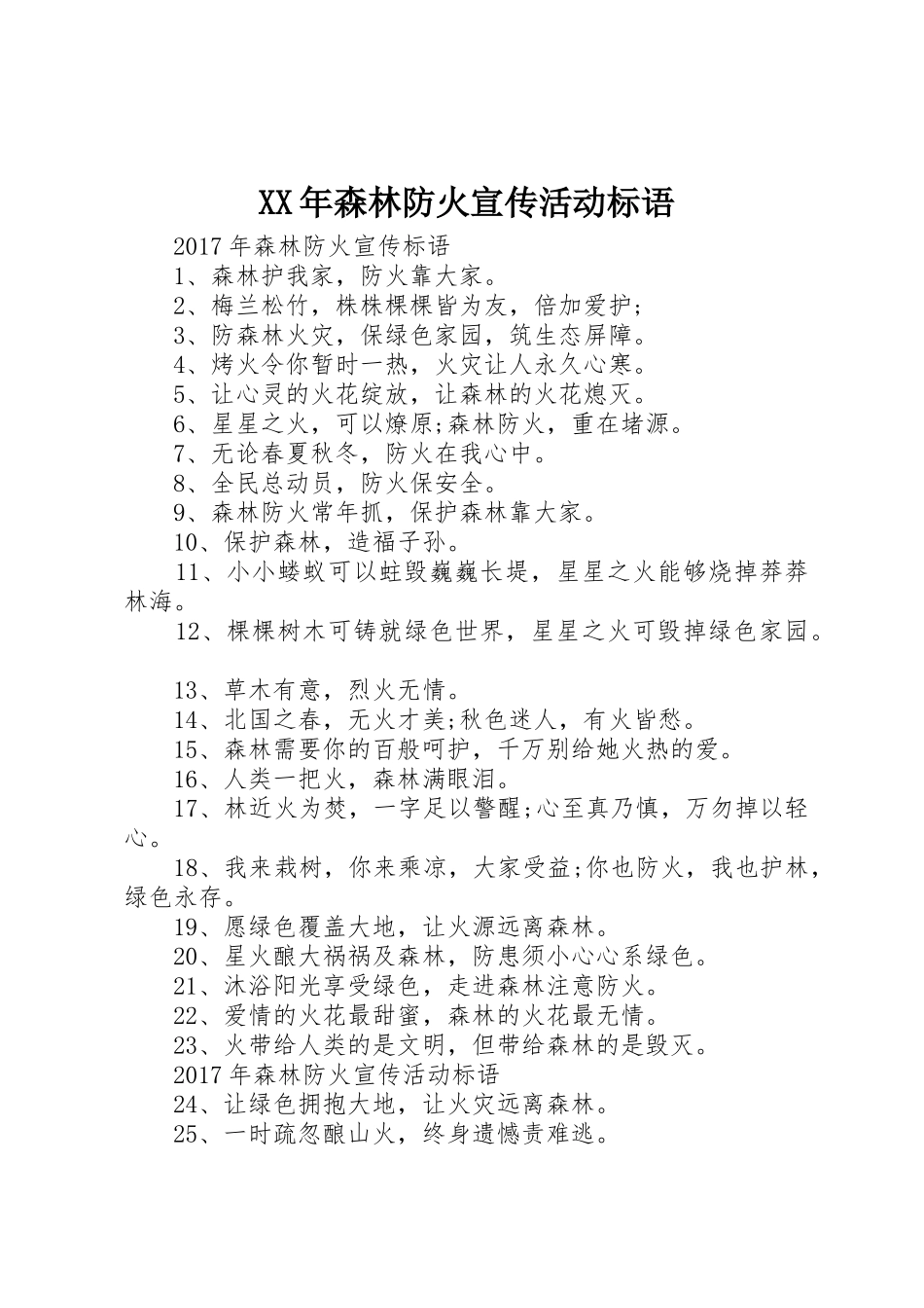 XX年森林防火宣传活动标语大全_第1页
