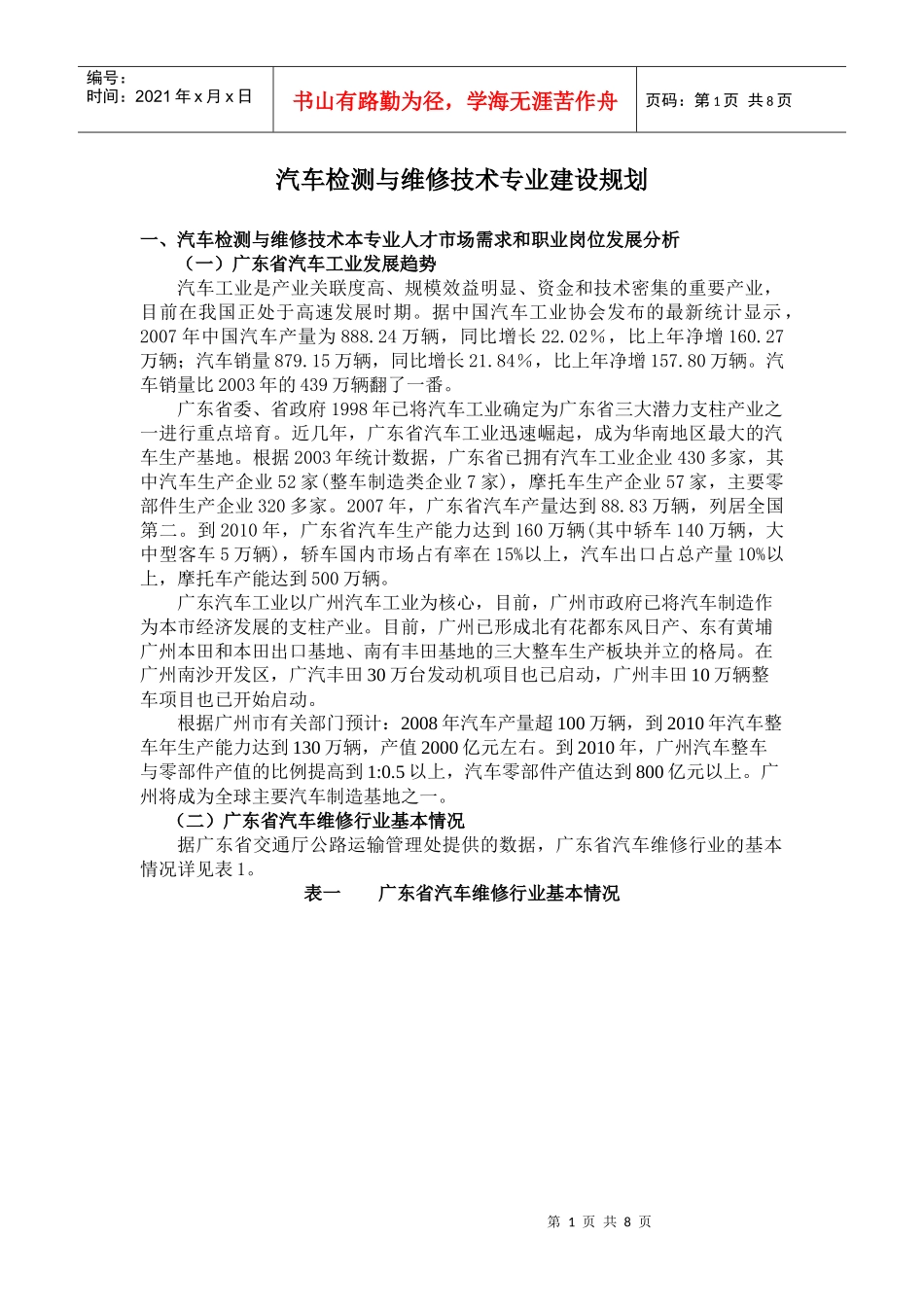 汽车检测与维修专业建设规划doc-汽车检测与维修专业人才_第1页