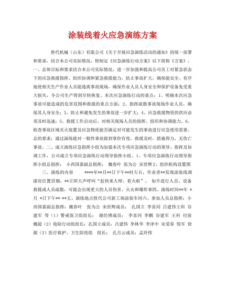 《安全管理应急预案》之涂装线着火应急演练方案 _第1页