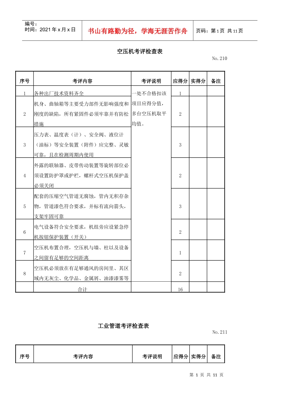 空压机考评检查表_第1页