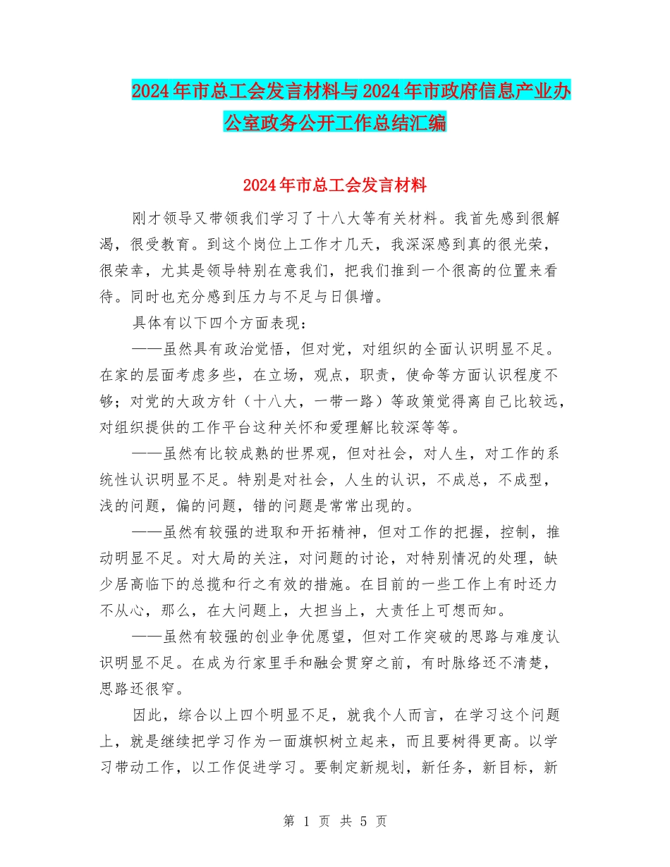 2024年市总工会发言材料与2024年市政府信息产业办公室政务公开工作总结汇编_第1页